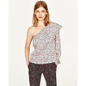 Zara White Floral Ruffle One Shoulder Blouse